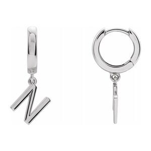Single, 14k White Gold Initial N Dangle Hoop Earring, 7.25 x 21mm